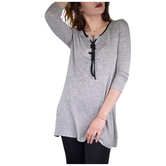 ‼️3 for $25‼️Gray Tunic Top with Lace up Tie - Picture 2 of 3